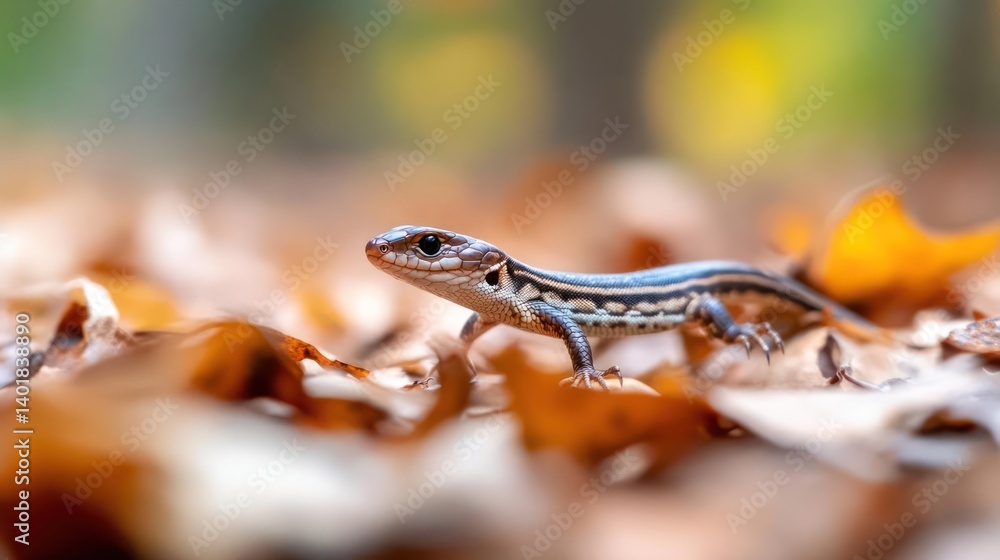 Poster macro shot of a small brown lizard with black stripes, surrounded by fallen brown leaves. the lizard