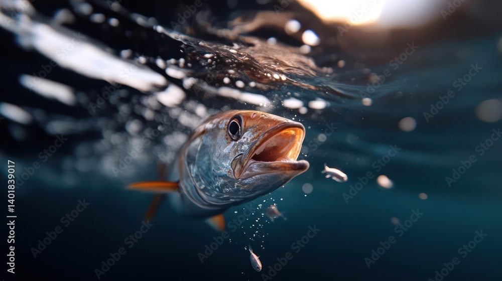 Poster close-up underwater view of a silver fish with orange fins and open mouth, surrounded by smaller fis