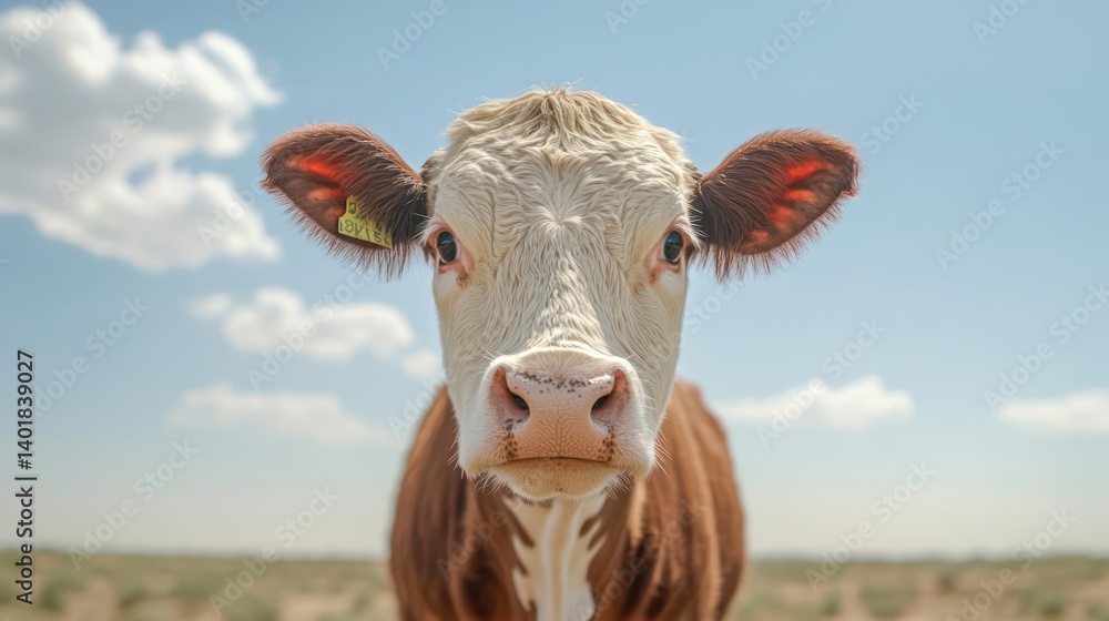 Aufkleber close up of a brown and white cow with ear tag looking forward, medium shot under a blue sky with cl
