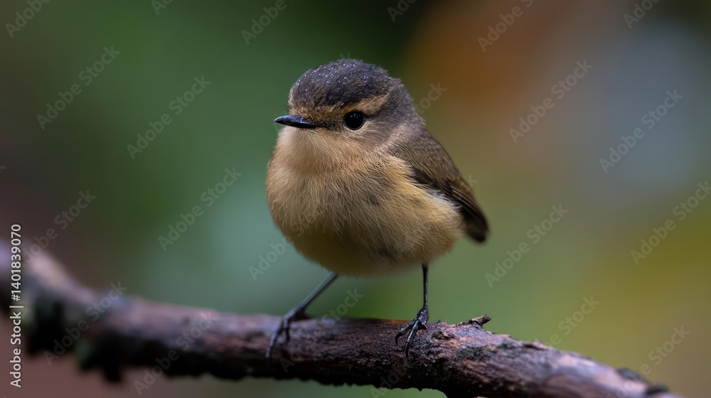Poster close up of a small, brown bird perched on a branch. the bird's feathers are speckled with water dro