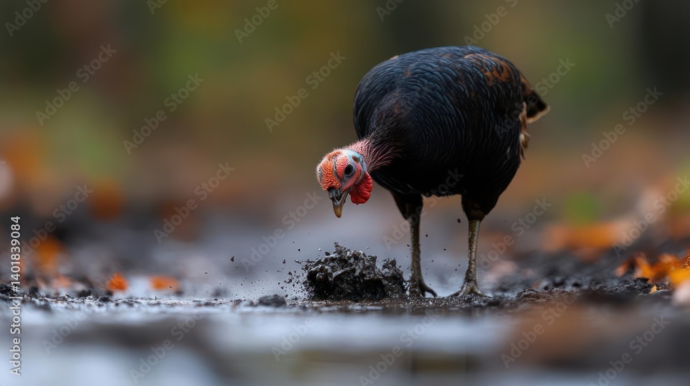 Poster close-up shot of a wild turkey foraging in a muddy puddle within a forest environment. the bird's di
