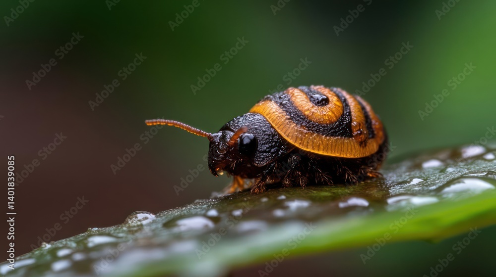 Aufkleber a close-up shot of a wet, round beetle resting on a leaf, featuring a distinctive black and orange s