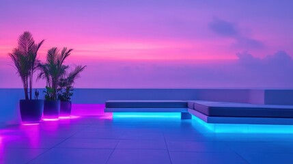 Modern rooftop lounge with glowing lights, plants, and a vibrant sunset in the background