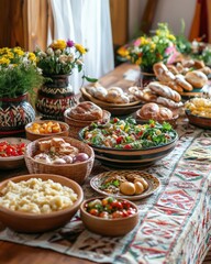 Fototapeta premium A traditional Easter feast featuring cultural decorations, a vibrant table filled with holiday dishes, and festive foods, celebrating springtime and family togetherness.