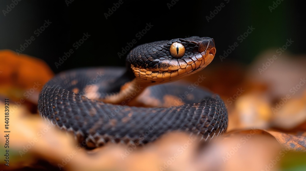 Poster Close-up shot of a coiled black snake with orange markings, resting on a bed of golden autumn leaves. The image features a shallow depth of field, focusing on the snake's head and intricate scale