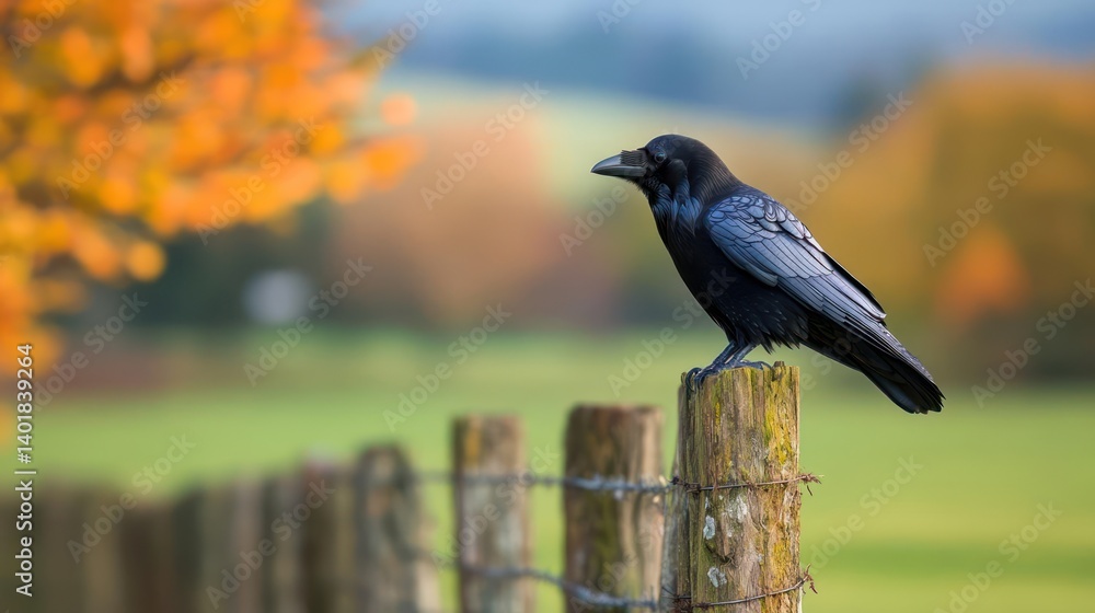 Poster a wet, black raven perched atop a weathered wooden post with barbed wire. blurred background shows a