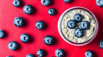 Delicious Oatmeal with Blueberries on Red Background