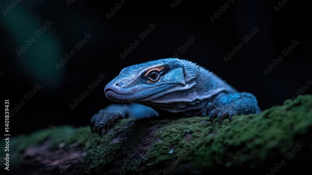 Poster close-up shot of a blue monitor lizard perched on a mossy branch against a dark background. the rept