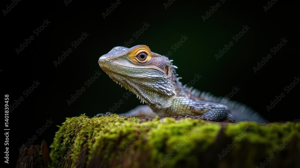 Poster close-up shot of a spiny lizard with textured gray and brown skin perched atop a moss-covered log. t