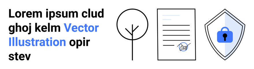 Tree inside a circle, signed contract document, and secured shield. Ideal for sustainability, data security, legal compliance, eco-friendly practices, digital safety, corporate responsibility flat