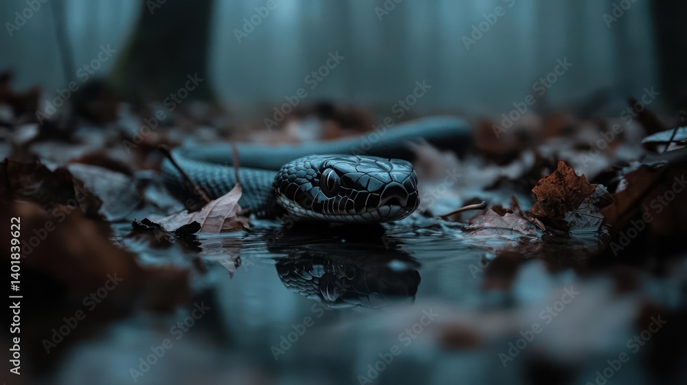 Poster captured at eye-level, a black snake rests on fallen leaves beside a puddle in a muted forest, its s