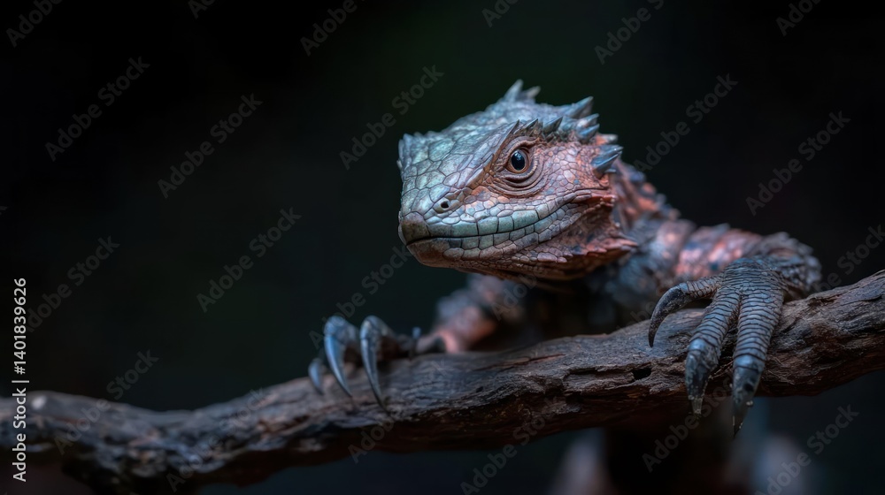 Poster close up of a spiny lizard clinging to a tree branch with its sharp claws. the lizard features a mix