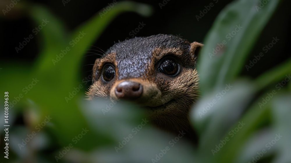 Poster a close up shot of an otter peering through green foliage with a curious expression. its brown and s