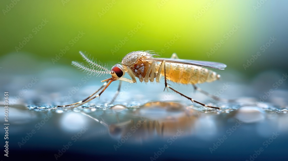 Poster macro photograph of a mosquito resting on a surface covered in water droplets. the background is blu