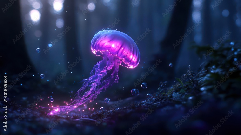 Fototapete an ethereal jellyfish glows with vibrant purple light on a mossy forest floor surrounded by blue hue