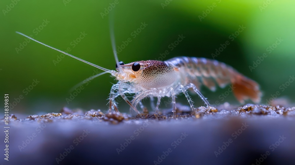 Poster Close up shot of a transparent ghost shrimp with visible internal organs, standing on a dark textured surface against a blurred green background, showcasing intricate details and translucent body