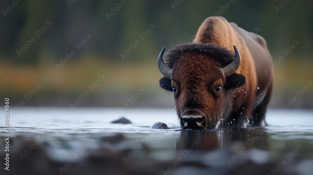 Poster Captivating low-angle shot of a brown bison drinking water with visible ripples and a blurred forest backdrop. The focus highlights the bison's face and its interaction with the water, creating a
