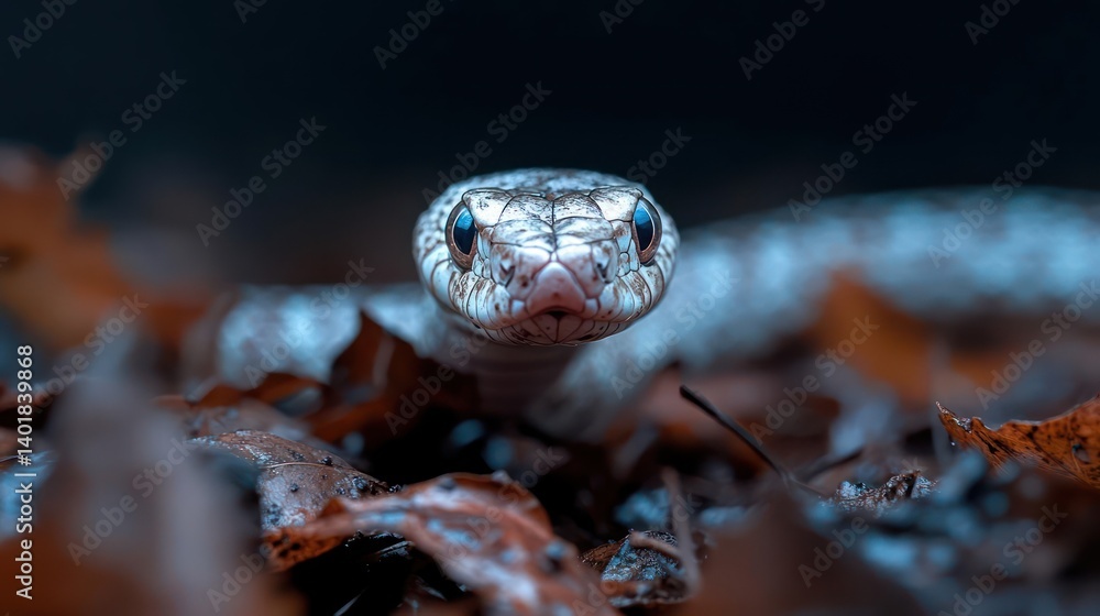 Poster a close-up, low-angle shot of a white snake with blue eyes emerging from a bed of fallen leaves. the