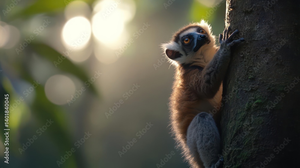 Poster Close up of a lemur clinging to a tree trunk with sunlight streaming through the forest, creating a blurred green background. The lemur has brown and beige fur, striking black eye markings, and its