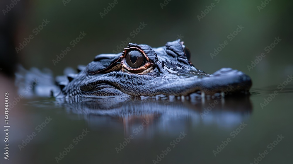 Poster close-up shot of an alligator's head partially submerged in murky water, showcasing its eye and text