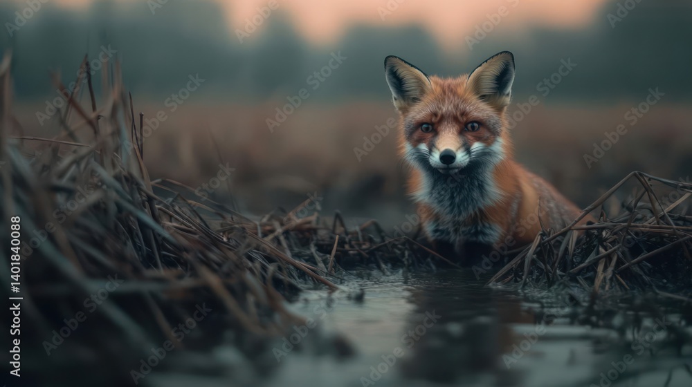 Poster a close-up shot captures a fox amid water and straw, set against a backdrop of blurred trees under a