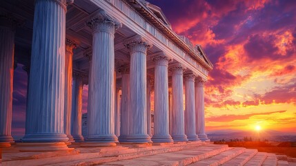 Obraz premium Ancient temple columns at sunset over city