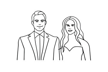 Elegant Wedding Couple Outline Minimalist Black And White Line Drawing Vector Illustration