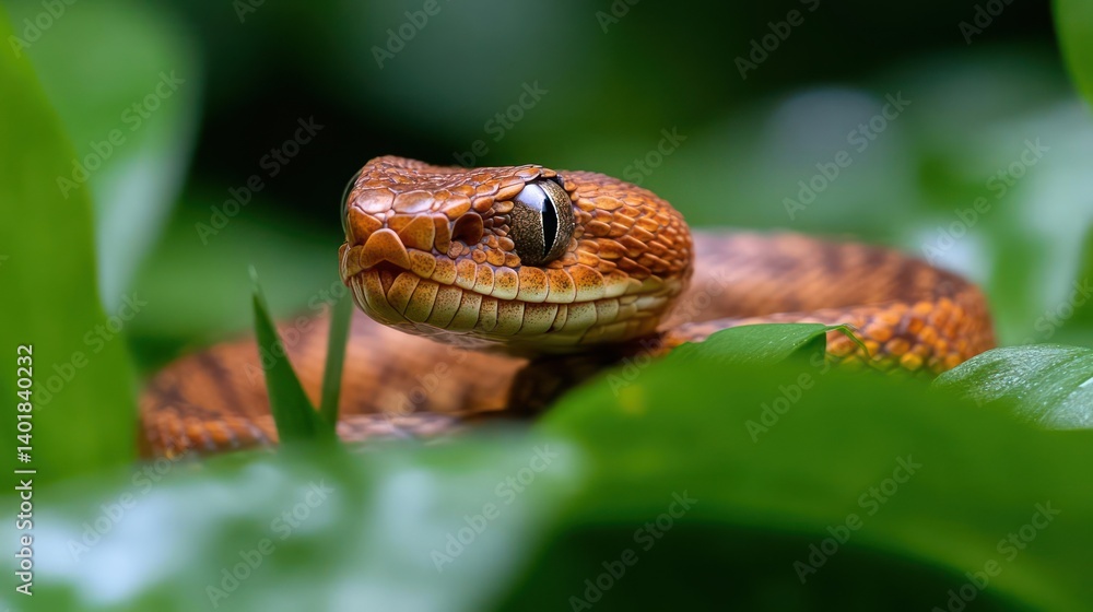 Poster close-up shot of an orange snake nestled amongst vibrant green leaves. the snake's head is the focal