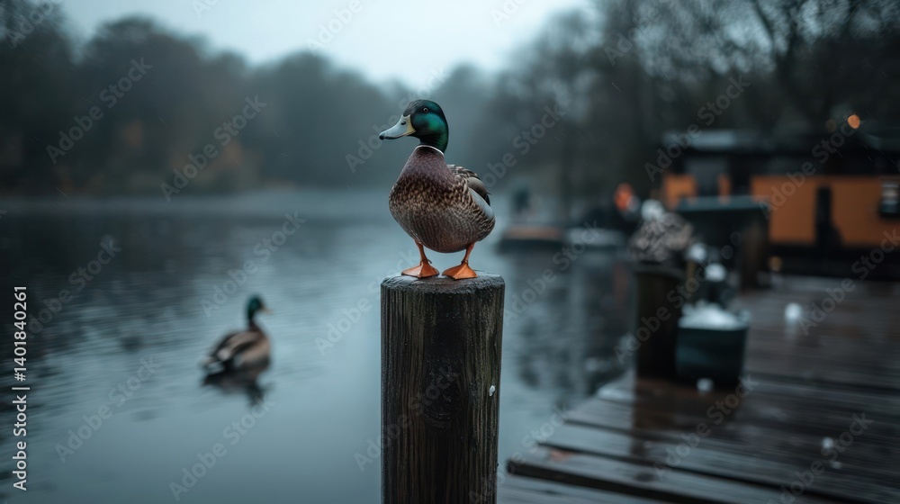 Poster A mallard duck stands on a wooden post near a lake in a serene outdoor setting. The backdrop features a blurred view of trees and a floating structure, contributing to the peaceful, muted atmosphere