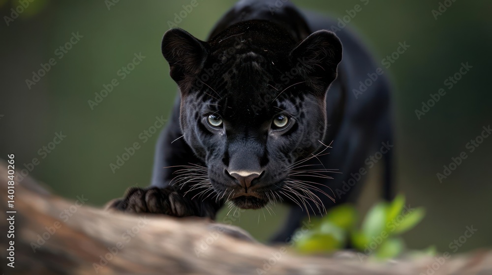 Poster close-up shot of a black panther preparing to pounce, its piercing eyes fixed on the viewer. the ani