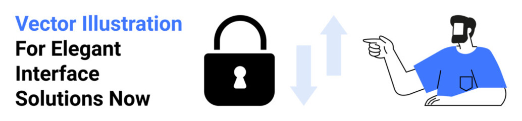 Hand-drawn style man gestures towards lock with up and down arrows indicating data security, transfer, or interface solutions. Ideal for cybersecurity, software, web design, digital marketing