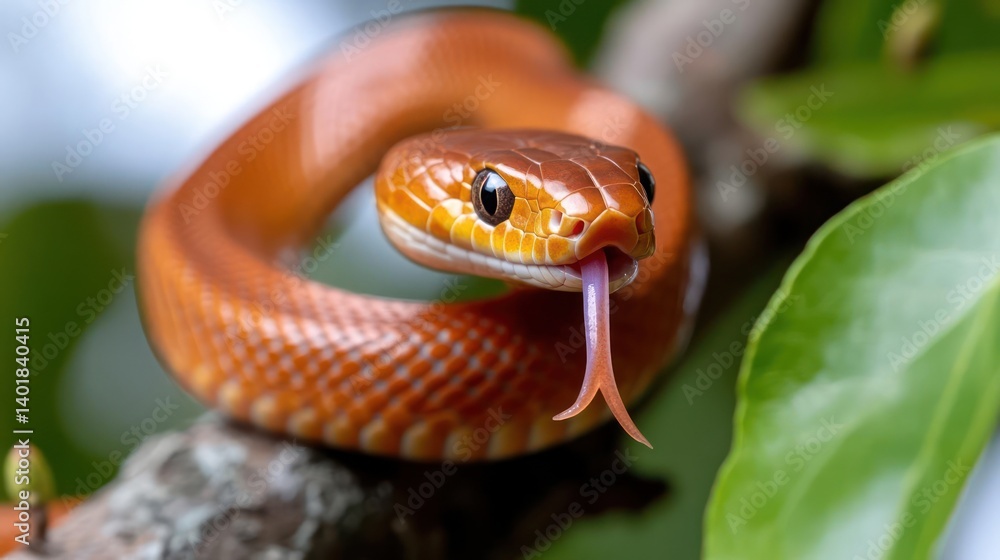 Poster close-up shot of an orange snake coiled on a branch, tongue extended. the reptile's scales glisten w