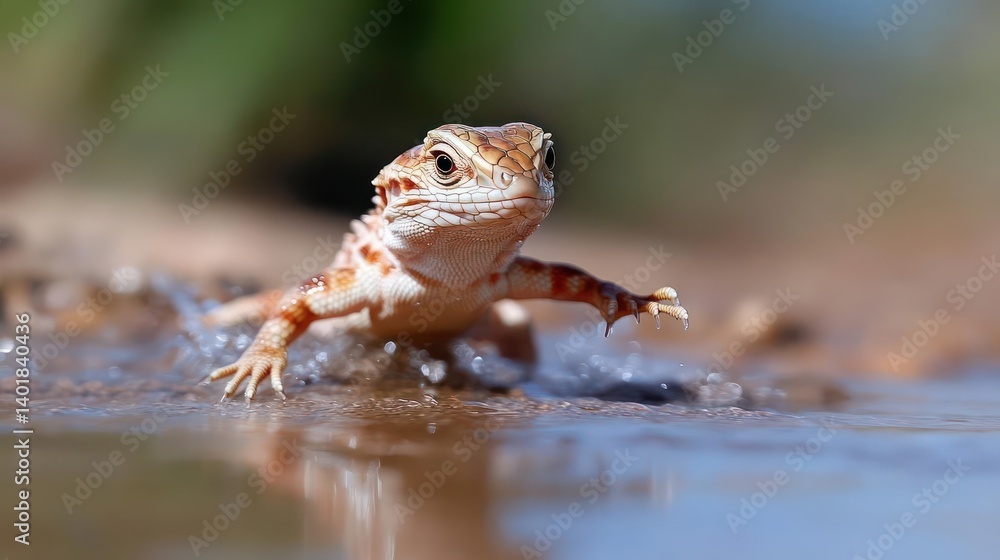 Aufkleber close up shot of a small orange lizard standing in shallow water with blurred background. the lizard