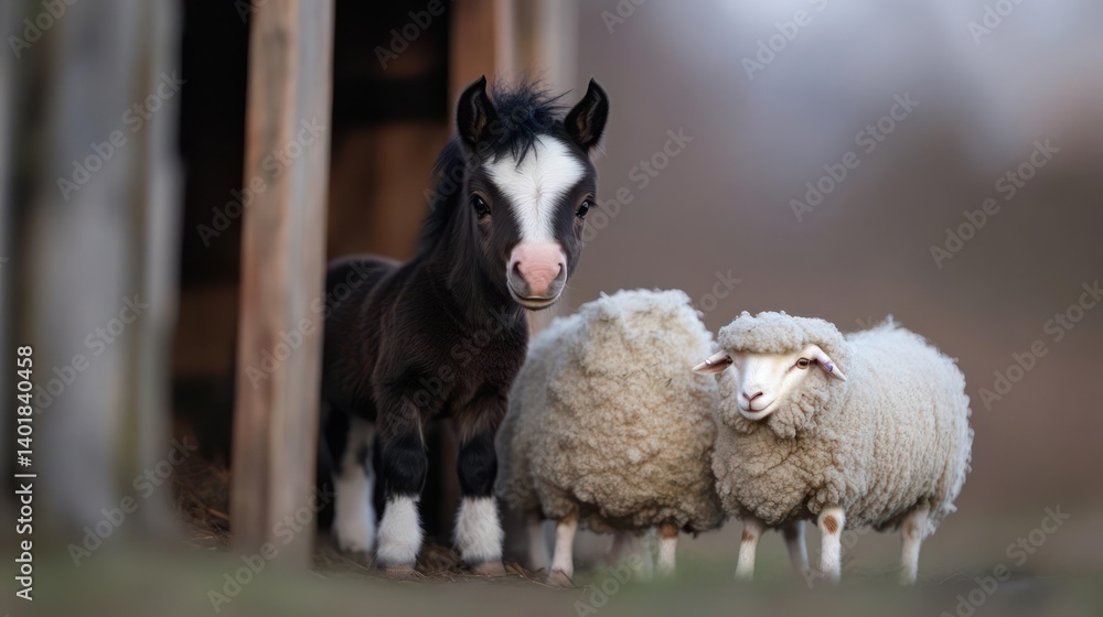 Poster a captivating eye-level shot captures a small, black pony with a white blaze, standing alongside two