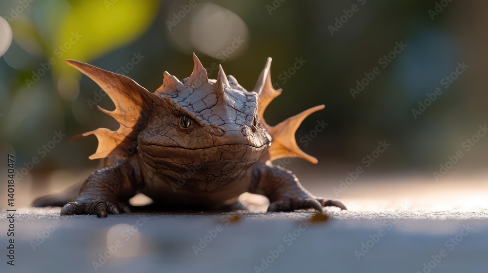 Poster A close up shot of a small horned lizard with a rough texture and bright light and a soft blurred background