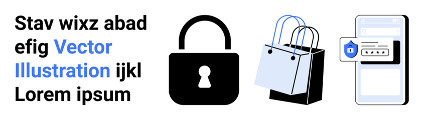 Lock, shopping bags, smartphone login with security notification. Ideal for e-commerce, data privacy, cybersecurity, online shopping, app security, authentication flat landing page banner