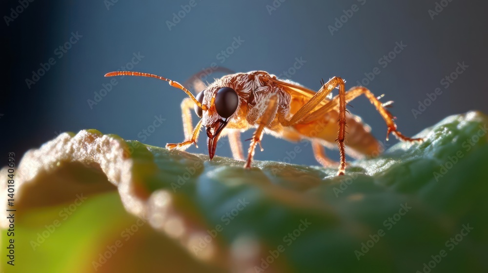 Poster macro shot of a glistening insect on a green leaf, showcasing its intricate body structure and delic