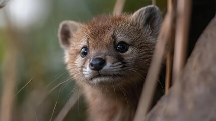 A close-up shot of a fluffy light brown stoat looking out from reeds, showcasing its detailed fur and expressive eyes in a natural outdoor setting with a blurred green and brown background