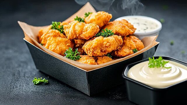 Crispy fried chicken nuggets served in a black container with dipping sauces and herbs