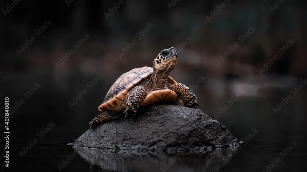 Poster Captivating close-up featuring a turtle perched atop a stone in a body of water. The turtle's shell is adorned with orange spots, creating a striking contrast against the cool tones of the dark stone