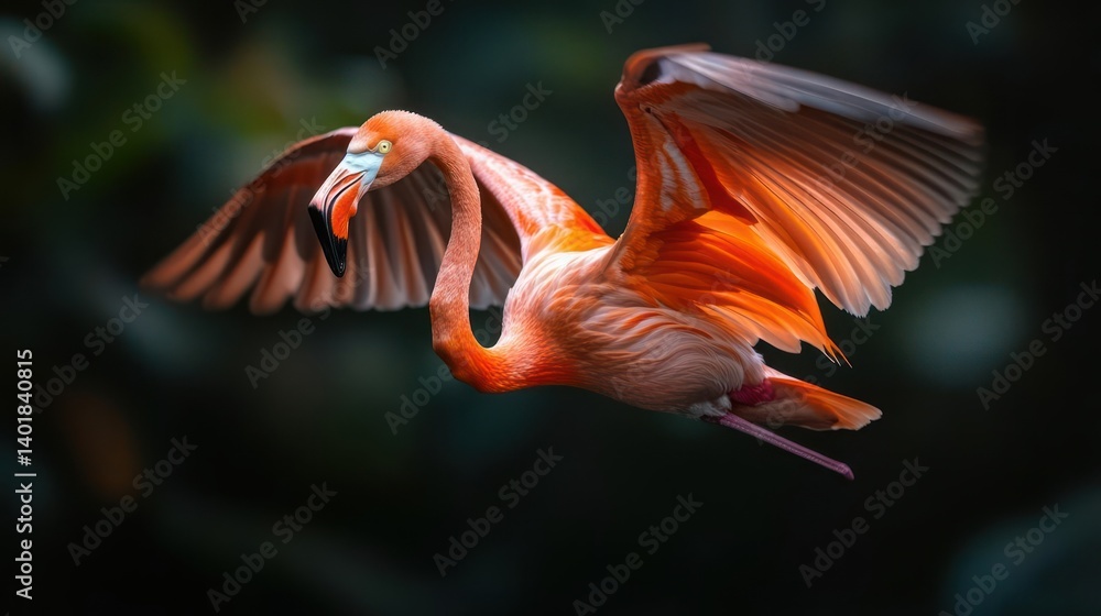 Poster close up studio shot of a single flamingo in flight with wings spread in the dark background. the fl