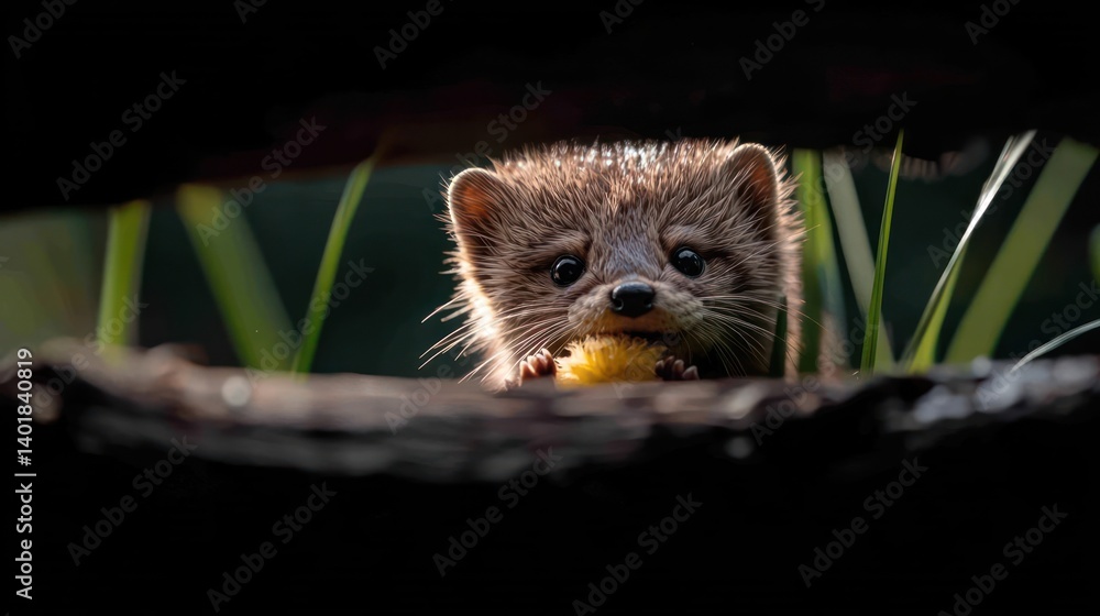 Poster captivating close-up of a wild sable with piercing eyes. holding an object in its mouth, framed by d