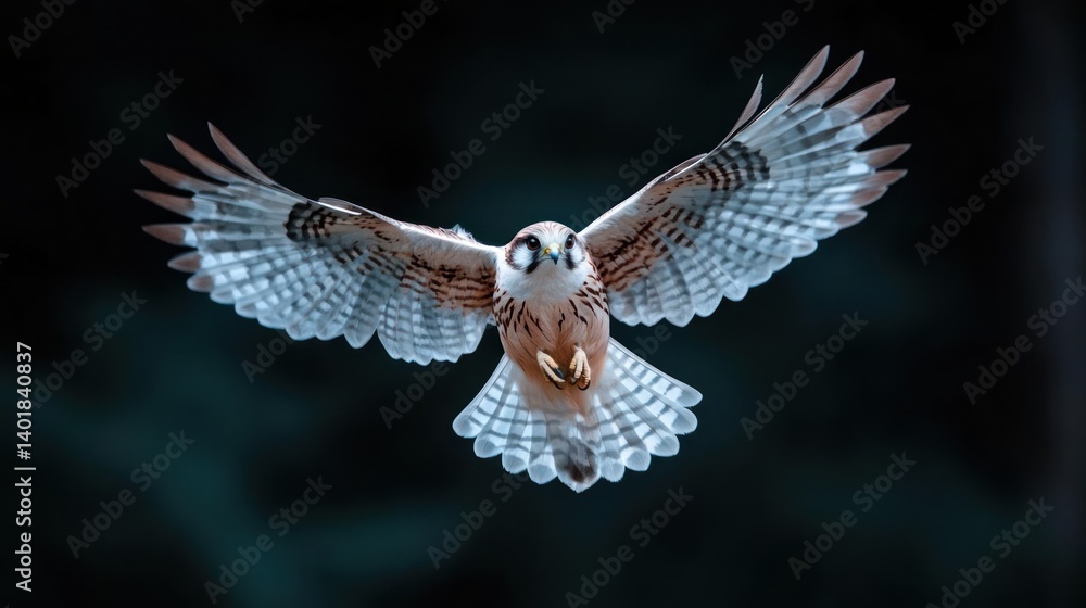 Poster majestic bird of prey with patterned plumage in flight, wings fully extended against a dark forest b