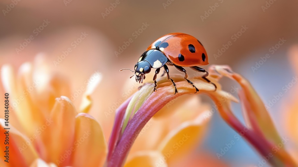 Fototapete macro shot of a red ladybug with black spots resting on a vibrant orange flower with purple accents.