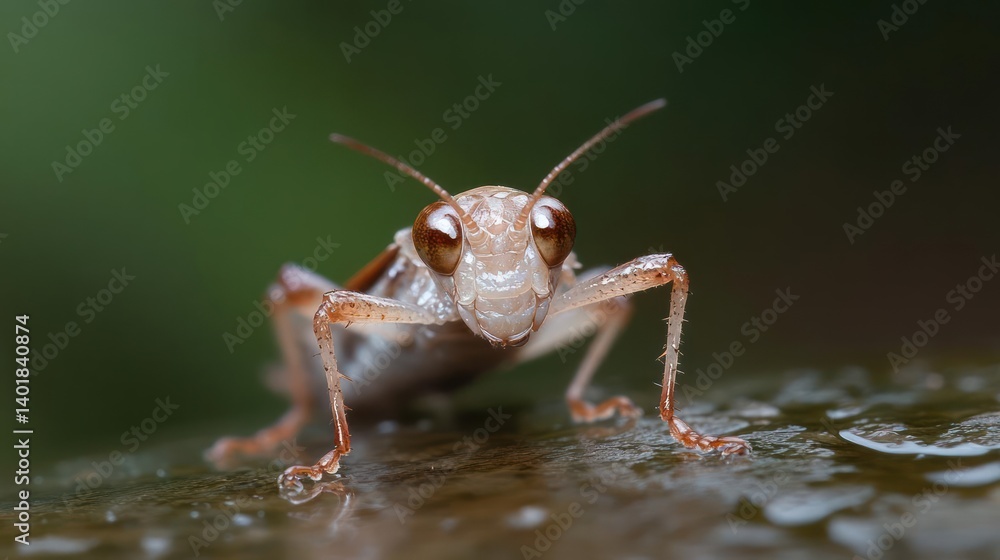 Poster close-up shot of a small, wet, light-brown grasshopper with large eyes, clinging to a surface. the b