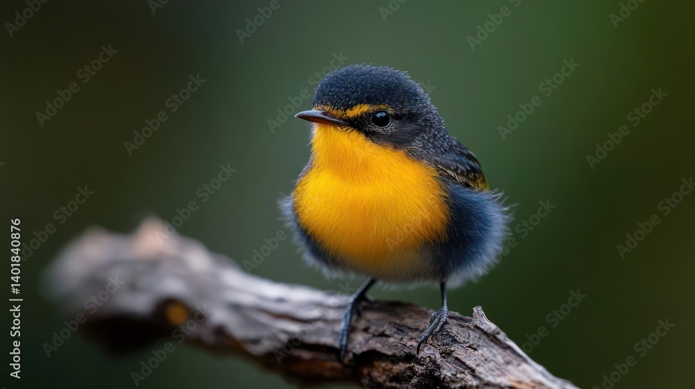 Poster close-up shot of a small, plump bird perched on a branch, featuring black and white feathers with a 