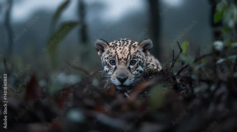 Poster a striking portrait captures a jaguar, its spotted coat contrasting with the earthy tones of the fol