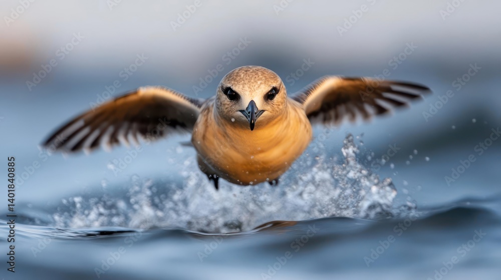 Poster close up of a bird with open wings soaring just above water. the bird has yellow-brown feathers and 