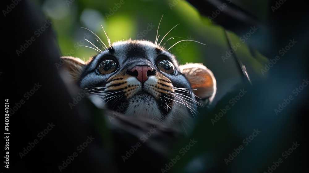 Poster a close-up shot showcases a serene clouded leopard peering upwards through the dense foliage, creati