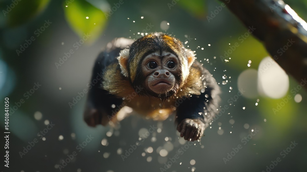 Aufkleber a small monkey with golden fur and dark fur running through a lush green forest. the animal is captu